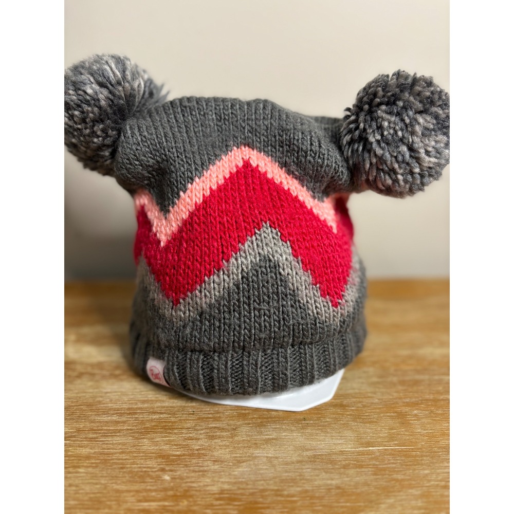 Buff Kids Primaloft Knit Beanie Grey Pink Chevron Double Pom Pom Hat‎ Size 53
